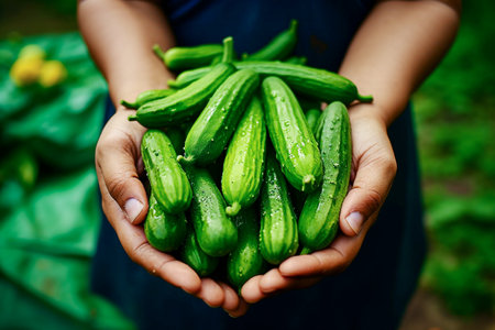 Hands holding fresh green cucumbers in the garden, stock photo. selective focus. Generative AIの素材