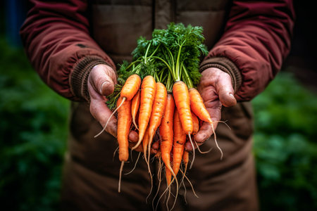 Harvested carrots in the hands of a farmer. selective focus. nature. Generative AIの素材