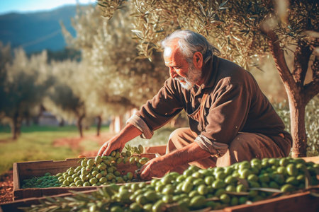 Senior man picking green olives in olive grove on sunny day. selective focus. Generative AIの素材