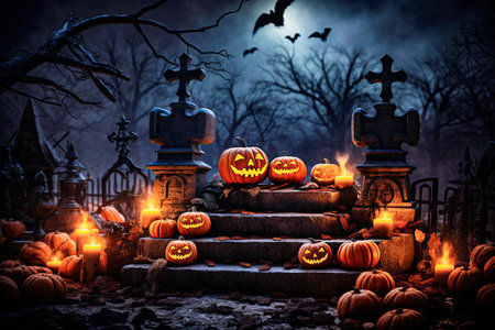 Halloween background with pumpkins and cemetery at night. selective focus. Generative AIの素材