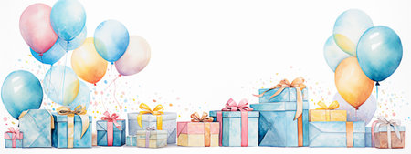Watercolor birthday background with gift boxes, balloons and confetti. selective focus. Generative AIの素材