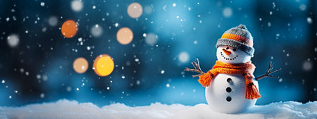 Snowman on snow with bokeh background. Christmas and New Year concept. selective focus. Generative AIの素材