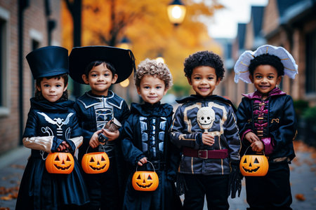 Group of kids in Halloween costumes posing on the street. selective focus. Generative AIの素材