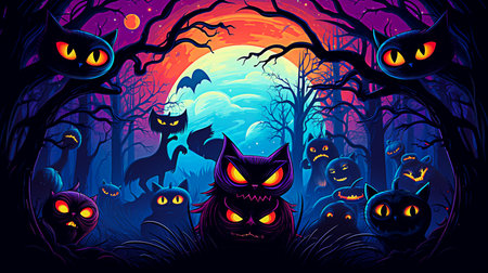Halloween background with pumpkins, ghosts, bats, moon and trees. selective focus. Generative AIの素材