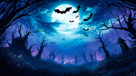 Halloween background with bats flying in the night forest, horror illustration. selective focus. Generative AIの素材