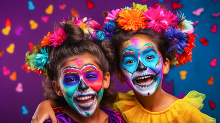 Kids with sugar skull makeup on colorful background. Dia de los muertos. Day of the Dead. Selective focus. Generative AIの素材