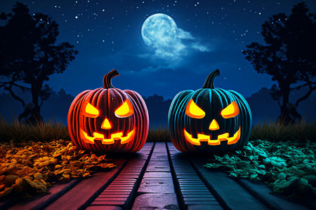 Halloween pumpkins on a wooden platform in the forest at night. Selective focus. Generative AIの素材