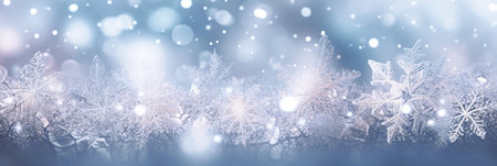 Defocused Christmas background with snowflakes and bokeh lights. Banner. Generative AIの素材