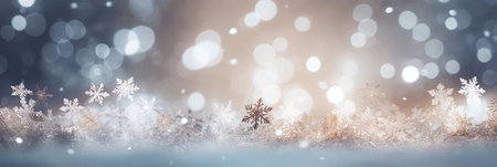 Defocused Christmas background with snowflakes and bokeh lights, panoramic banner. Generative AIの素材