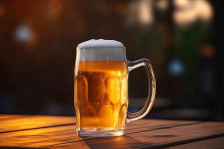 Mug of beer with foam on wooden table in pub, closeup. Selective focus. Generative AIの素材