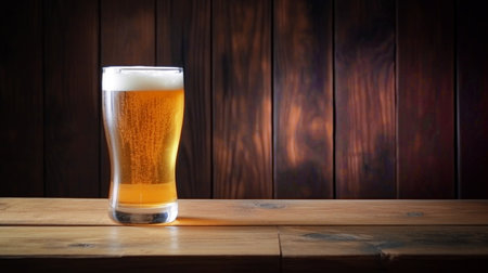 Glass of beer on a wooden table against the background of a wooden wall. Selective focus. Generative AIの素材