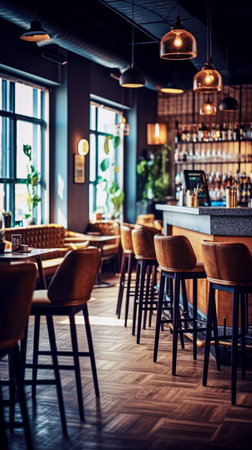 Interior of a modern bar with tables and chairs. Toned image. Selective focus. Generative AIの素材