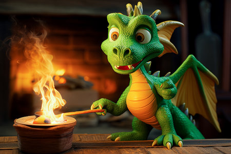 Cute green dragon with fire on the background of the fireplace.の素材