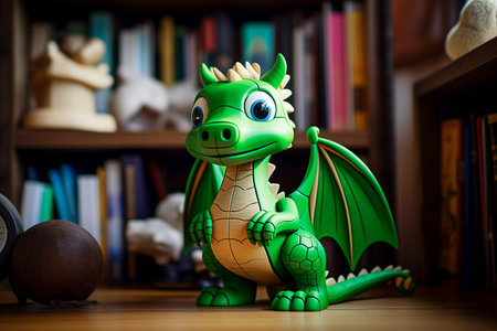 Cute green dragon toy on bookshelf in library at homeの素材