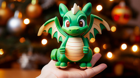 christmas, holidays and people concept - close up of cute green dragon toy over lights backgroundの素材