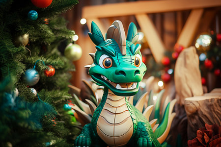 Green dragon toy on the background of a Christmas tree. Decorated Christmas tree.の素材