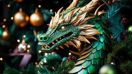 Green dragon statue on christmas tree with bokeh background.の素材