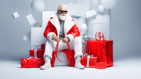Santa Claus sitting on a white box with gifts. Christmas concept.の素材