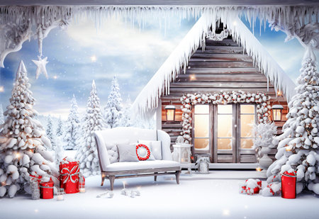 Winter house with snow and christmas decoration.の素材