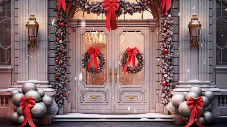 3D rendering of a classic entrance door decorated for Christmas with christmas decorationsの素材