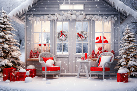 a small house decorated for Christmas with red armchairs and Christmas decorations.の素材