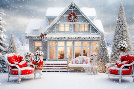 beautiful house with Christmas decorations in the snowの素材