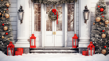 White front door decorated with Christmas tree, red lanterns and garlandの素材