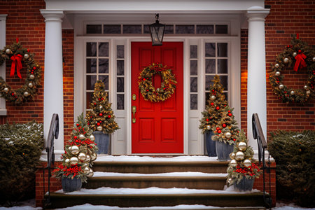 Red door with Christmas wreath on the front porch of a houseの素材