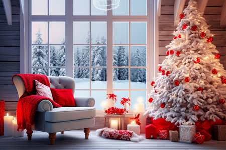 Christmas tree in the living room with a large window.の素材