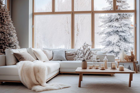 Modern living room interior with a large window, sofa, coffee table and Christmas decorationsの素材