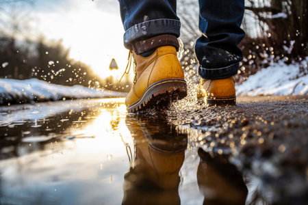 A man in yellow rubber boots and jeans stands in a puddle in winter.の素材