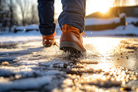 A woman in orange boots and jeans walks through the snow on a sunny winter day.の素材