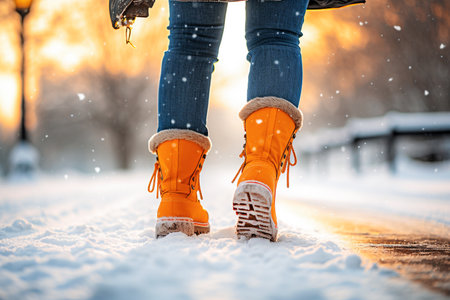 Close-up of legs of a girl in yellow boots in the snowの素材