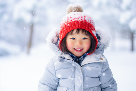 Portrait of a cute little Asian girl in winter park.の素材
