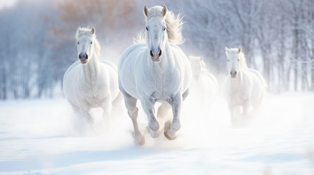 White horses run gallop in winter snow. Beautiful white horses running in snowの素材