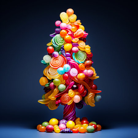 Christmas tree made of colorful candies and lollipops. Selective focusの素材