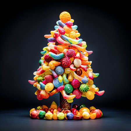 Christmas tree made of colorful candies on black background. Selective focusの素材