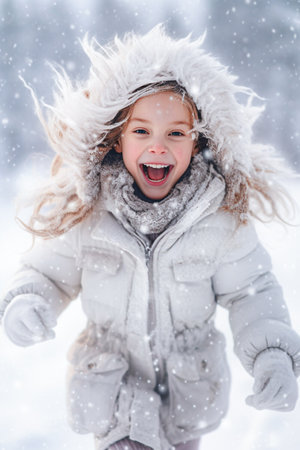 Portrait of a cute little girl in winter clothes having fun with snow. Selective focusの素材