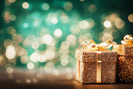 Blurred Golden gift boxes on bokeh background. Christmas and New Year concept.の素材