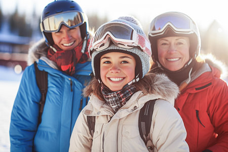 Portrait of happy family of three with snowboard helmets standing outdoors. Selective colorの素材
