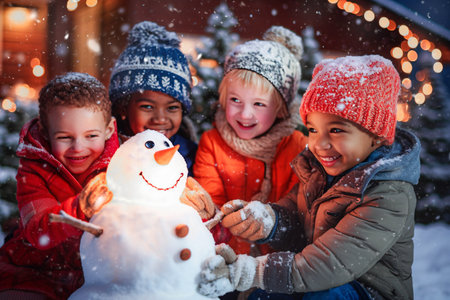 Group of happy children making snowman on Christmas street in winter. Selective Focusの素材