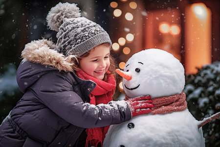 Cute little girl making a snowman on a snowy winter day. Selective Focusの素材