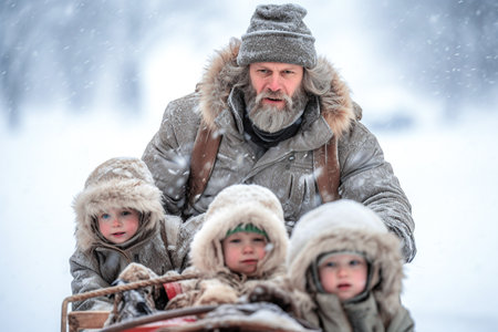 Portrait of a grandfather and two children on a sled in winter. Selective Focusの素材