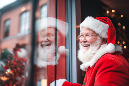 Portrait of smiling senior man in Santa costume looking through the window. Selective Focusの素材