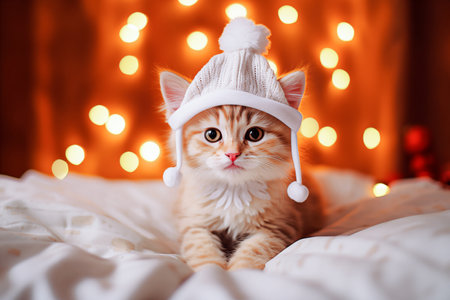 Cute ginger cat wearing Santa Claus hat on a Christmas background. Selective focusの素材