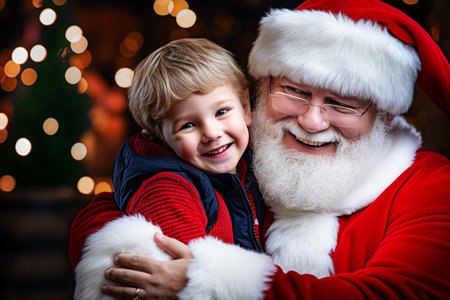Portrait of happy father and son in Santa Claus costume. Selective focusの素材