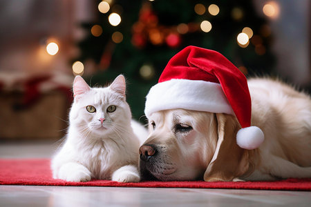 Cute dog and cat in Santa hat on carpet near Christmas tree. Selective Focusの素材