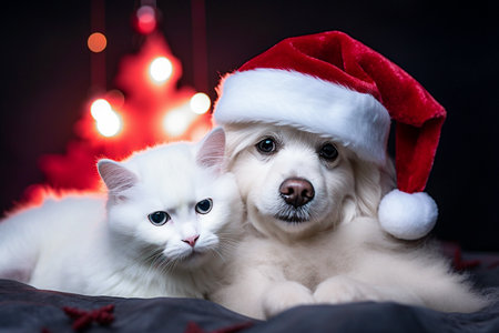 Cute white cat and dog in santa claus hat on dark background. Selective Focusの素材