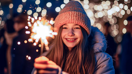 Portrait of a girl with a sparkler in her hands. Selective Focusの素材