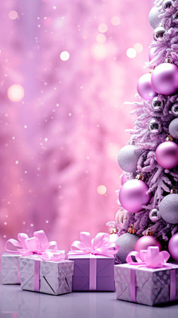 Christmas tree and gifts on a background of a pink bokeh. Selective Focusの素材